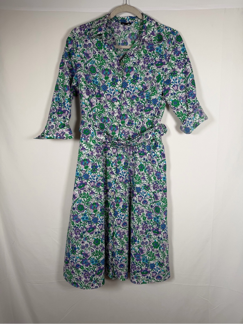 Talbots Green & Purple Floral Midi Shirtwaist Dress Cottage Minimalist Cotton